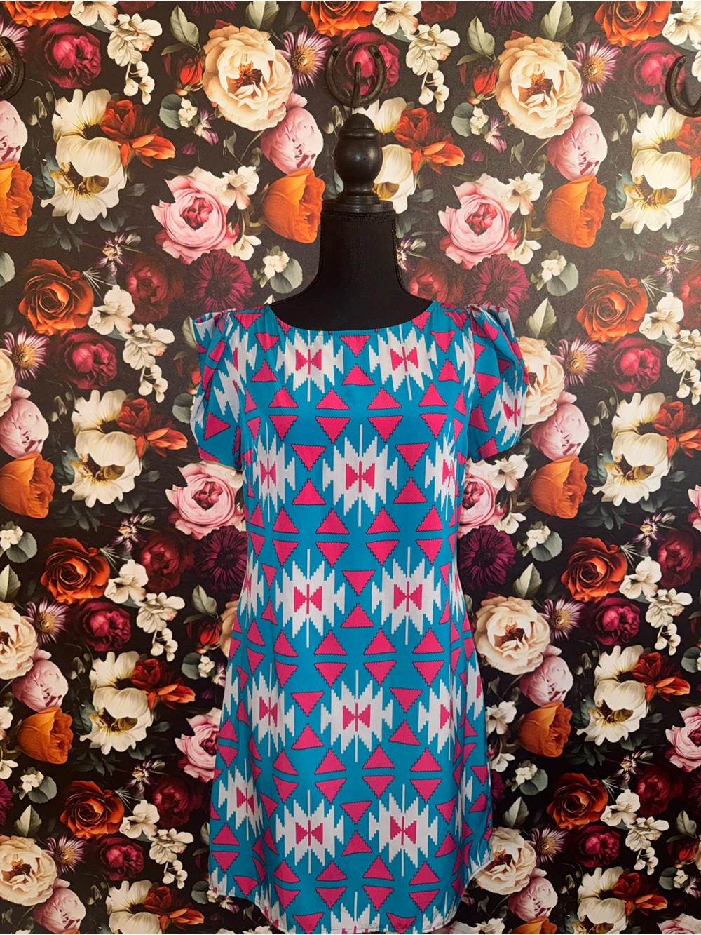 Maude Turquoise & Pink Geometric Shift Dress, Large, Like New